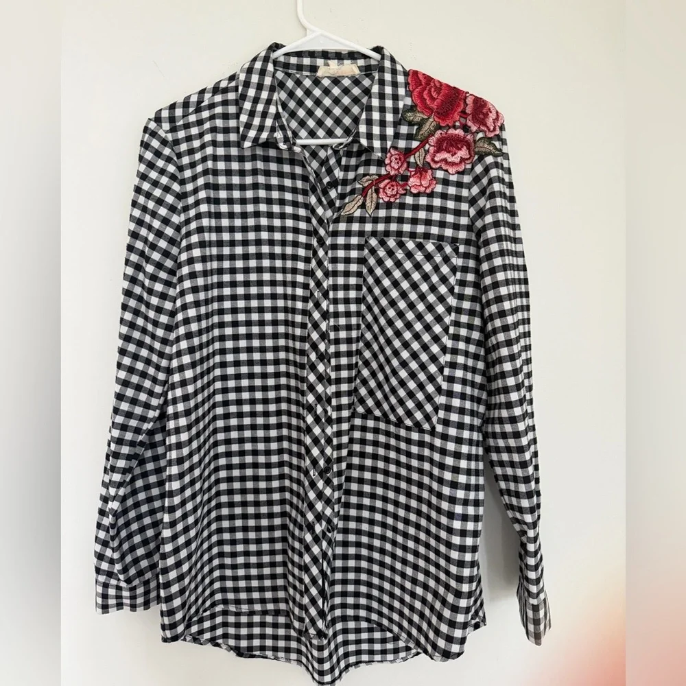 Black and White Checkered Shirt with Red Floral Embroidery - Picture 2 of 4